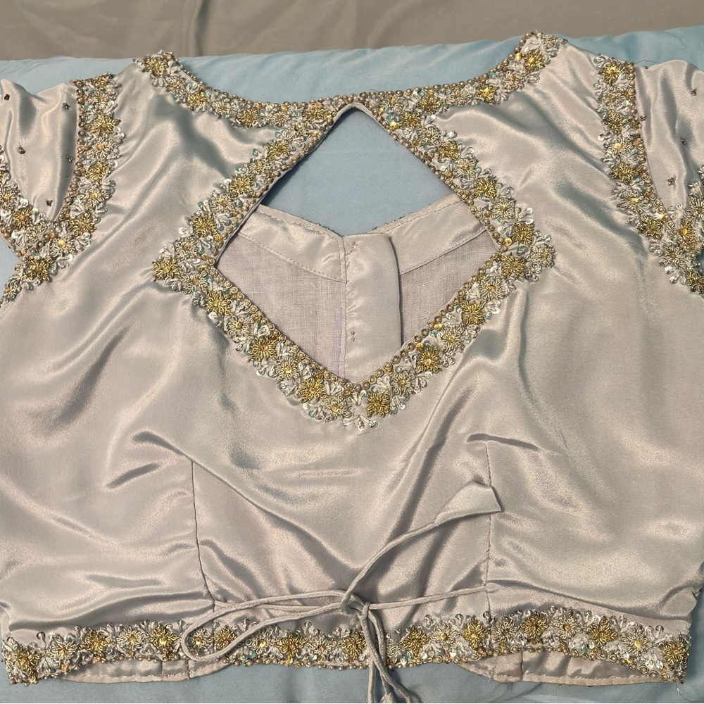 Elegant Embellished Women's Top silver gray silk